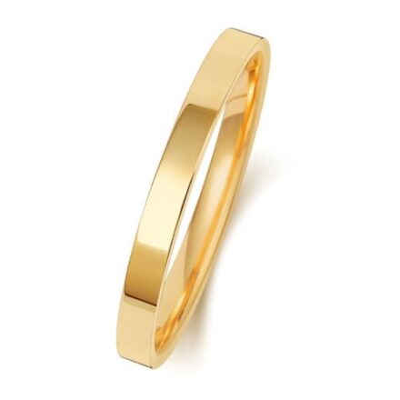 9k and 18k yellow gold solid 2 mm wide flat court shaped wedding band.