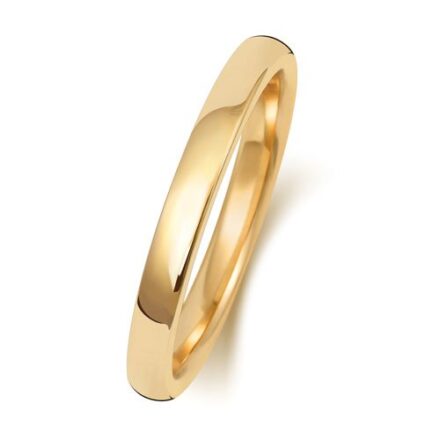 9k and 18k yellow gold 2 mm wide wedding band soft court shaped.