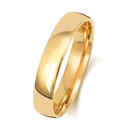 9k and 18k Yellow Gold Slightly Court wedding band 4 mm wide solid profile.