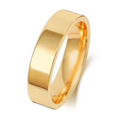 9k and 18k yellow gold flat court wedding band in 5 mm wide.