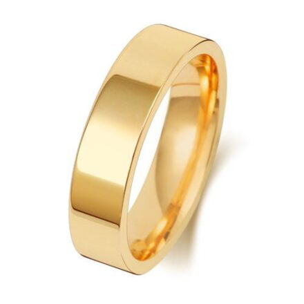 9k and 18k yellow gold flat court wedding band in 5 mm wide.