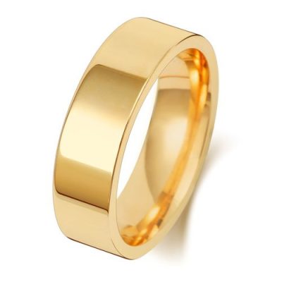 9k and 18k yellow gold solid flat court shaped wedding band 6 mm wide.