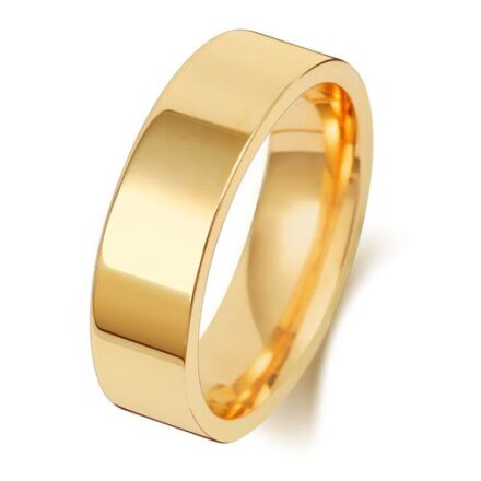9k and 18k yellow gold solid flat court shaped wedding band 6 mm wide.