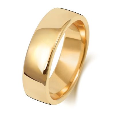 9k and 18k yellow gold wedding band 6 mm wide soft court shaped solid.