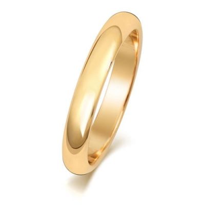9k and 18k yellow gold wedding band in D shape profile solid 3 mm wide.