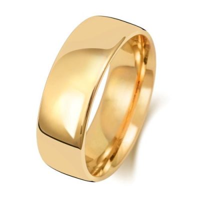 9k and 18k yellow gold slightly court wedding band 7 mm wide.