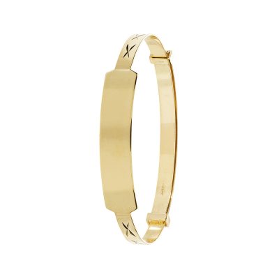 9k yellow gold 3 mm wide kids bangle expandable diamond cut patterned.