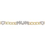 9k Yellow Gold MuM bracelet with one Heart on each side of the MuM word. The Hearts and the MuM letters are set with white cubic zirconia stones attached to a patterned chaps curb bracelet. 9 mm wide