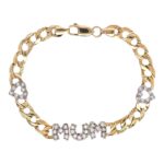 9k Yellow Gold MuM bracelet with one Heart on each side of the MuM word. The Hearts and the MuM letters are set with white cubic zirconia stones attached to a patterned chaps curb bracelet. 9 mm wide