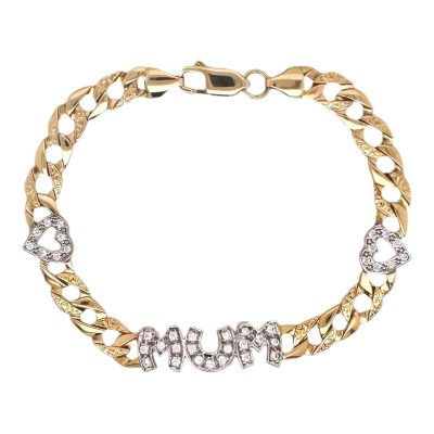9k Yellow Gold MuM bracelet with one Heart on each side of the MuM word. The Hearts and the MuM letters are set with white cubic zirconia stones attached to a patterned chaps curb bracelet. 9 mm wide
