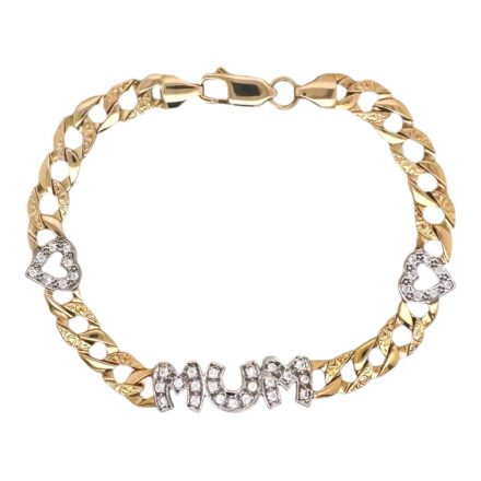 9k Yellow Gold MuM bracelet with one Heart on each side of the MuM word. The Hearts and the MuM letters are set with white cubic zirconia stones attached to a patterned chaps curb bracelet. 9 mm wide