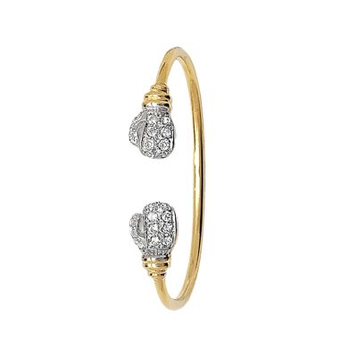 9k Yellow gold kids torc bangle with stone set boxing gloves.