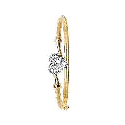 9k yellow gold stone set heart bangle for kids hinged clasp.