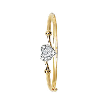 9k yellow gold stone set heart bangle for kids hinged clasp.