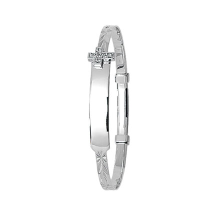 9k white gold cross expandable kids bangle solid frame.