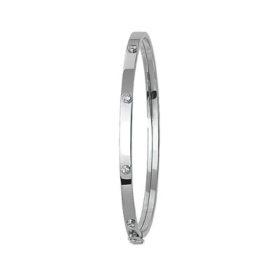 9k white gold hinged kids bangle with cubic zirconia stones.