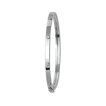 9k white gold hinged kids bangle with cubic zirconia stones.