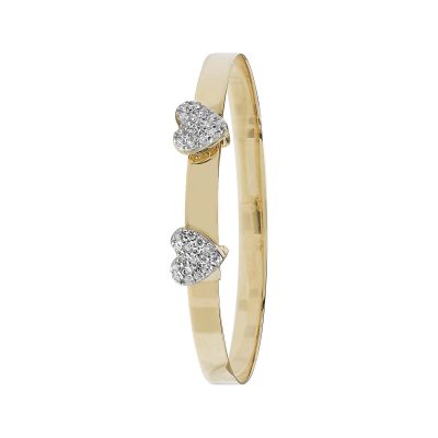 Double Heart Expandable kids bangle 4 mm wide stone set with cubic zirconia stones.