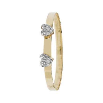 Double Heart Expandable kids bangle 4 mm wide stone set with cubic zirconia stones.