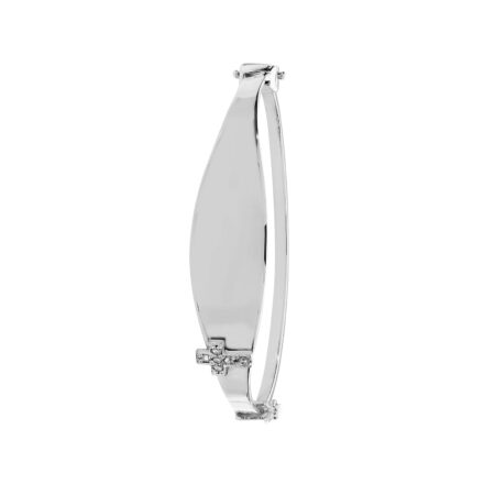 Kids hinged bangle in 9k white gold with stone set cross.