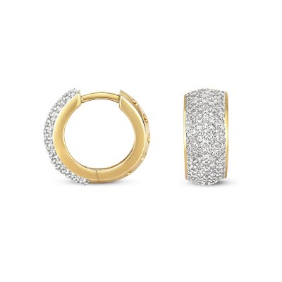 9ct, 9k Yellow gold micro pave diamond hoop earrings 15 mm wide for men and women.