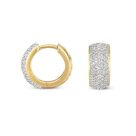 9ct, 9k Yellow gold micro pave diamond hoop earrings 15 mm wide for men and women.