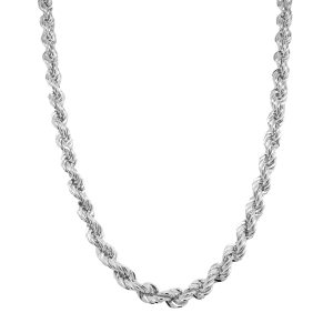 Solid sterling silver rope chain for men and women in 18 inches, 20 inches, 22 inches, 24 inches, 26 inches, 28 inches, 30 inches.