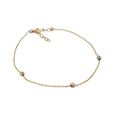 14k yellow, white and rose gold bead and ball bracelet with diamond cut patterned adjustable length.