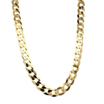 9k Yellow gold solid curb chain for men with bevelled edges 7.5 mm wide avaiable in 20, 22 and 24 inches.