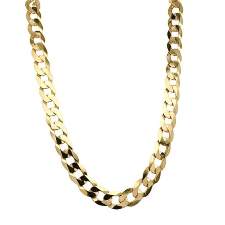 9k Yellow gold solid curb chain for men with bevelled edges 7.5 mm wide avaiable in 20, 22 and 24 inches.