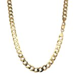 9k Yellow gold solid curb chain for men with bevelled edges 7.5 mm wide avaiable in 20, 22 and 24 inches.