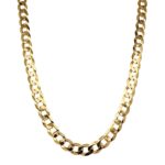 9k Yellow gold solid curb chain for men with bevelled edges 6.5 mm wide avaiable in 20, 22 and 24 inches.