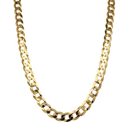 9k Yellow gold solid curb chain for men with bevelled edges 6.5 mm wide avaiable in 20, 22 and 24 inches.