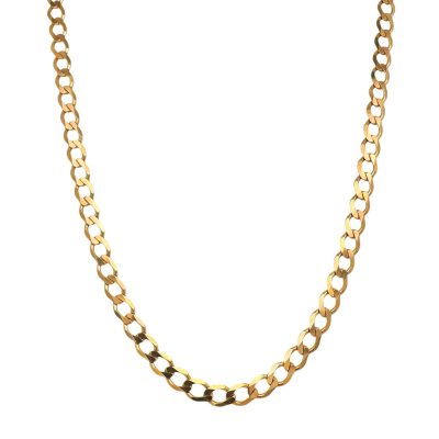 9k yellow gold solid curb chain 4.5 mm wide for men women and children, flat bevelled design.