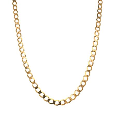 9k yellow gold solid curb chain 4.5 mm wide for men women and children, flat bevelled design.