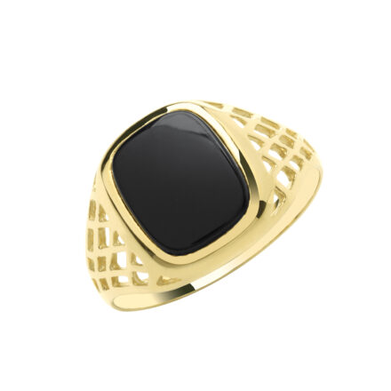 Men's Gemstone Ring with onyx cushion on patterned signet ring base