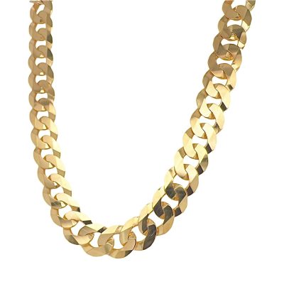 9k Yellow gold solid curb chain 12 mm wide for men flat bevelled design.