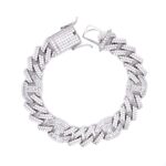 Sterling Silver Round and Baguette Cuban Bracelet - 14 mm