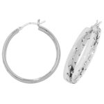 Silver Wide Diamond Cut Patterned Hoop Earrings - Image 3