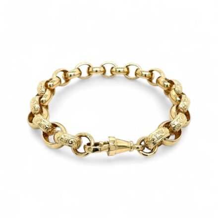 Luxurious 9k yellow gold patterned oval-shaped belcher bracelet featuring 10 mm engraved links with a polished finish, secured with a sturdy clasp, perfect for both casual and formal wear.