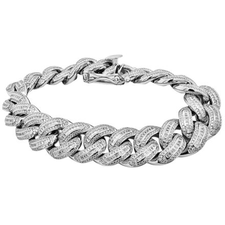 Fully Iced Out Stone Set Cuban Bracelets with the 3-step safety box clasp, in 925 Sterling Silver. The bracelet is Italian made, in 16 mm and standard 8.5 inches in length set with Round and Baguette Cubic Zirconia stones. The round stones are set around the baguette stones on the links and on the clasp.