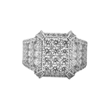 925 Sterling Silver Square Shaped Prong Set Signet Ring, Iced Out with White cubic zirconia stones.