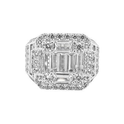 925 Sterling Silver Ring, Iced Out Tower Ring with White cubic zirconia stones and baguette stones.