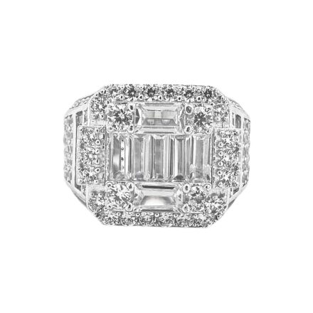 925 Sterling Silver Ring, Iced Out Tower Ring with White cubic zirconia stones and baguette stones.