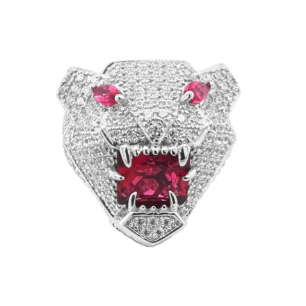 Unleash your bold side with this 925 Sterling Silver Panther Head Ring, iced out with striking red and white cubic zirconia stones. The fierce panther design is brought to life with shimmering white stones and intense red eyes, creating a captivating and powerful look. Crafted from high-quality sterling silver, this ring offers durability and a sleek, polished finish. Perfect for making a statement, this panther head ring exudes strength, elegance, and luxury, making it a standout addition to any jewelry collection.