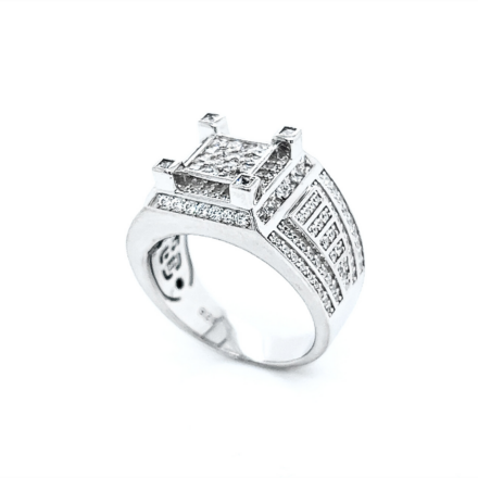 925 Sterling Silver Square shaped Tower ring, Iced Out with high quality colorless cubic zirconia stones. 