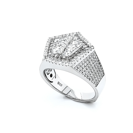 925 Sterling Silver Pentagon Ring, Iced Out with White cubic zirconia stones. 