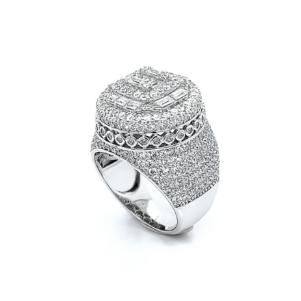 925 Sterling Silver Ring, Iced Out Champions Ring with White cubic zirconia stones and Baguette Stones Placed uniquely around the top of the ring.