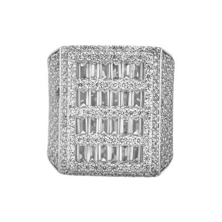 This Sterling Silver Rectangular Ring features high-quality colorless cubic zirconia stones, with a striking mix of baguette and round cuts for maximum sparkle. Designed to catch the light, this iced-out ring adds a touch of luxury to any outfit. Perfect for special occasions or everyday elegance, its durable sterling silver construction ensures lasting shine and style. Ideal for those seeking a bold, statement piece with timeless appeal.