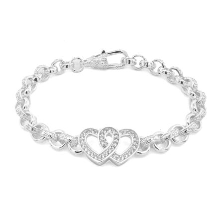 Double Heart belcher bracelet in 925 sterling silver set with cubic zirconia stones.